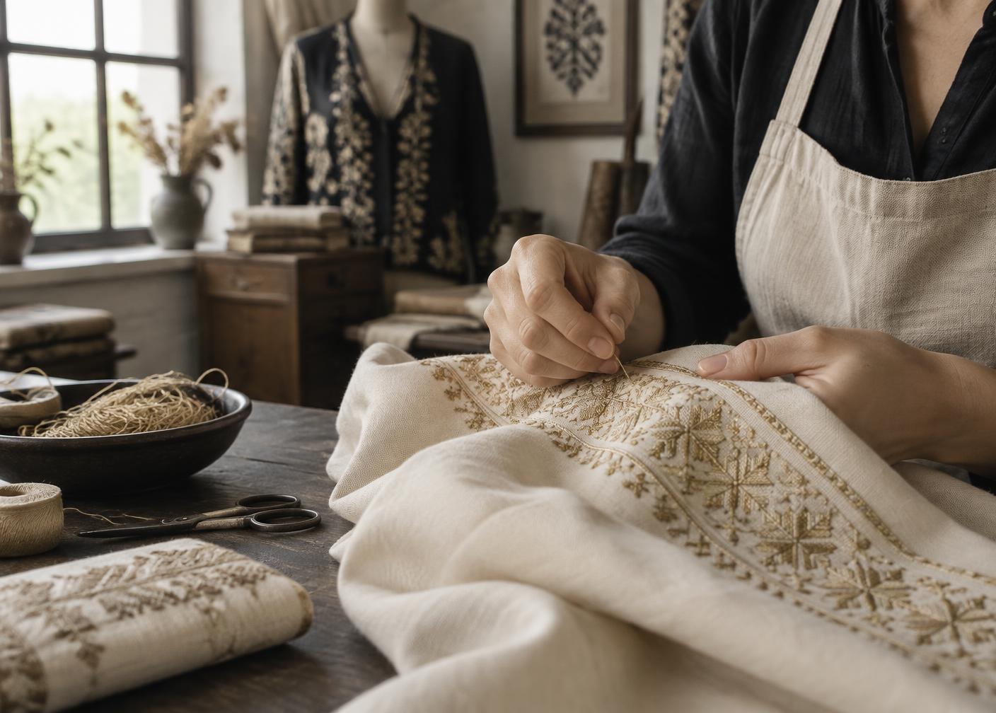 Handarbeit mit goldener Stickerei im BalkanLove Atelier
